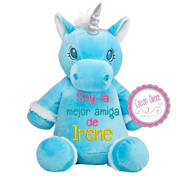 Peluche personalizado mensaje bordado Unicornio Azul